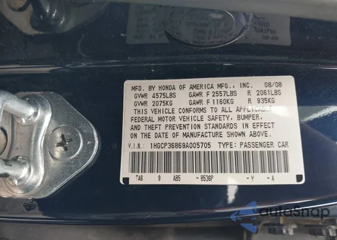 2009 Honda Accord 3.5 Ex-L из США, поврежденный, VIN 1HGCP36869A005705